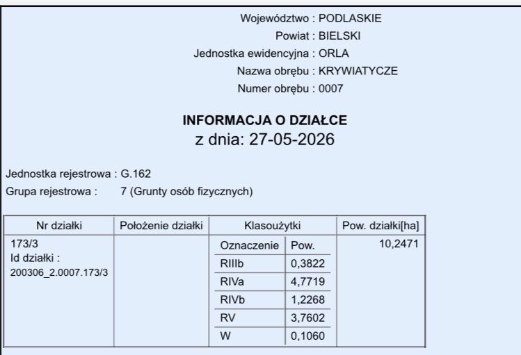 Działka rolna Krywiatycze, gmina Orla, 10,24 ha - Widok 3