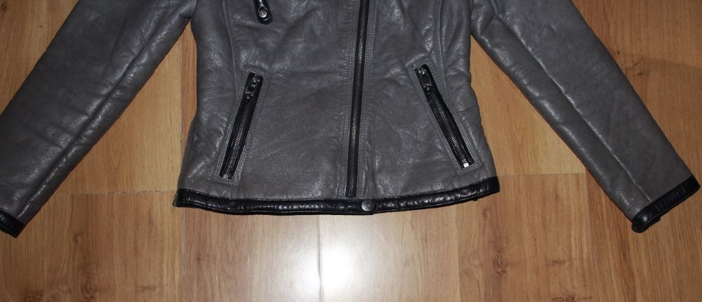 KOŻUCH OCHNIK skóra naturalna OWCZA szara czarna kurtka ramoneska 36 s