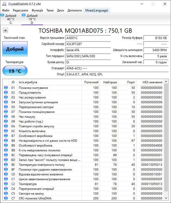 Новий HDD на 750 GB - TOSHIBA MQ01ABD075