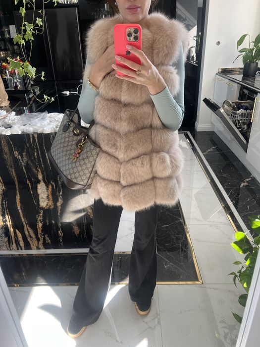 Kamizelka futro futerko w jodełkę z lisa lis pudrowy róż S/M