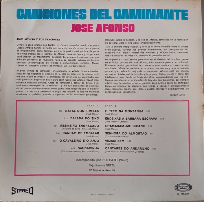José Afonso	- - - - -		Canciones del Caminante	- - - - -	LP