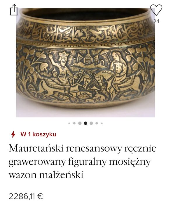 Mauretański Renesansowy Ręcznie Grawerowany Figuralny Mosiężny Wazon