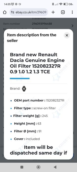 Tampa do filtro de óleo Renault Dacia TCE