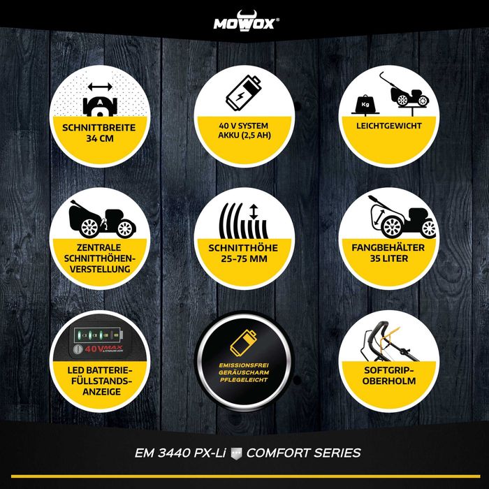Аккумуляторная газонокосилка Mowox® EM 3440 PX-Li с АКБ и зарядным