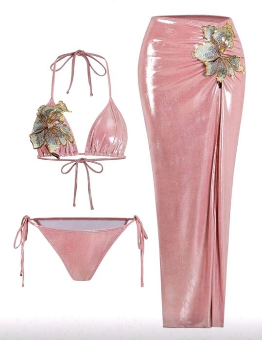 Bikini strój kąpielowy 3 częściowy różowy połysk kwiaty 3d