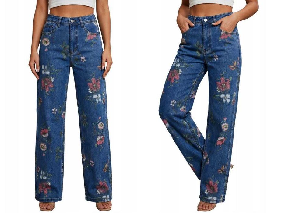 Miss Bon nowe spodnie dżinsy w kwiaty flowers prosta nogawka