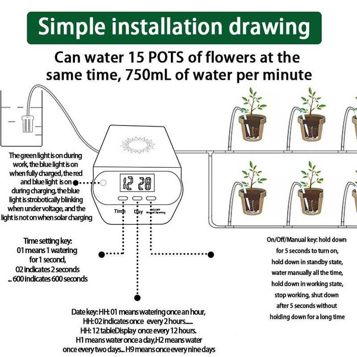 Солнечная автоматическая капельная система полива растений 15 вазонов