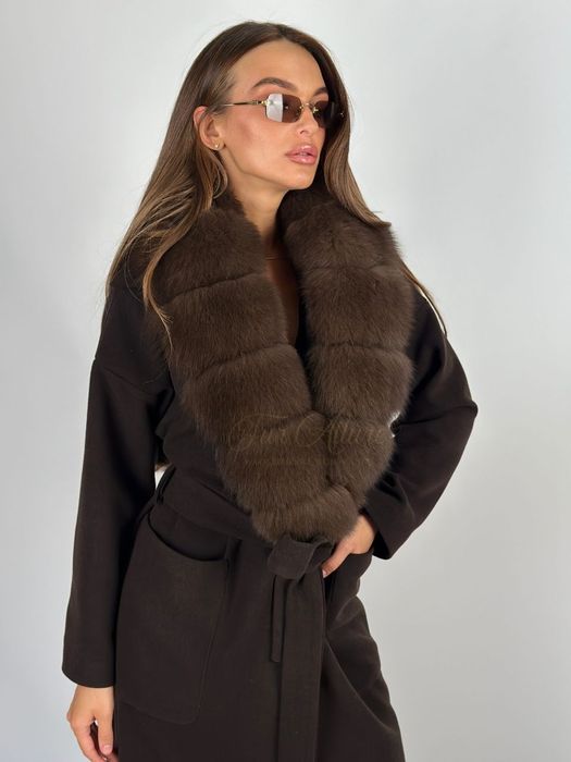 Жіноче шоколадне кашемірове пальто з натуральним хутро песця,42-56 р