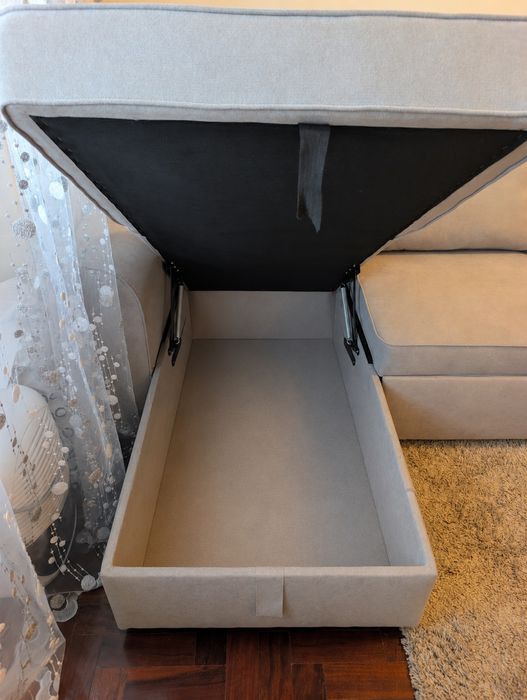 Sofá-Cama com Chaise Longue e Baú — Excelente Estado — Cinza
