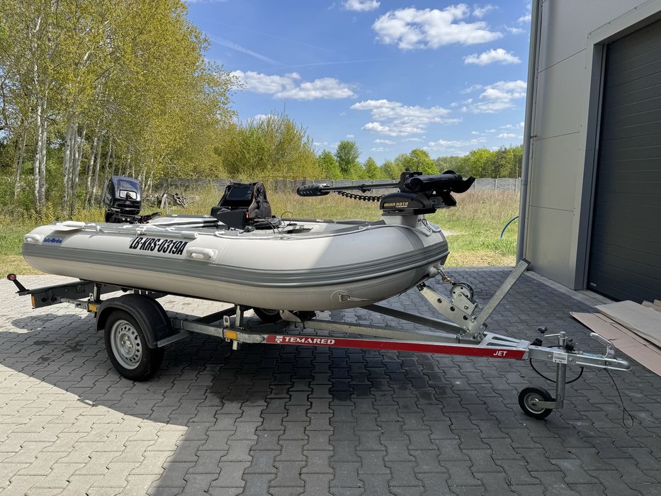 Ponton z przyczepą, silnik zaburtowy, dziobowy, sonda
