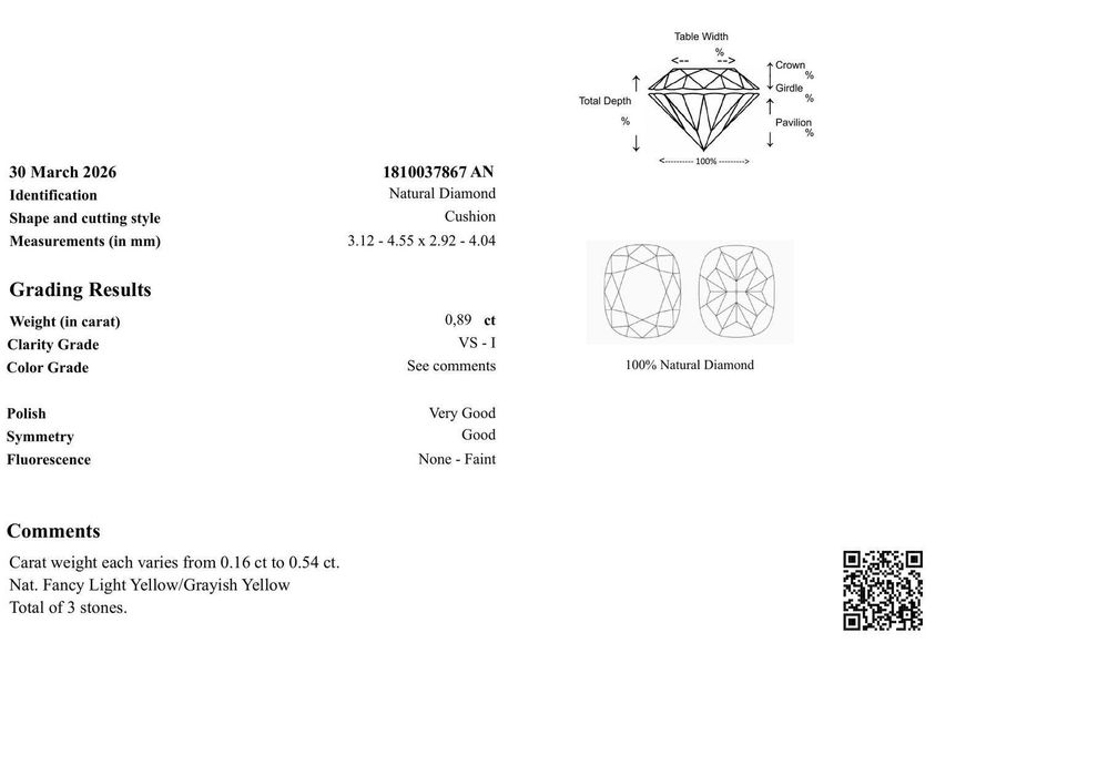 Conjunto 3 Diamantes Naturais 0.89ct Cushion - Certificados