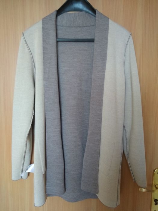 Sabin Linnebjerg Duński elegancki długi kardigan, 50% Merino, Rozmiar