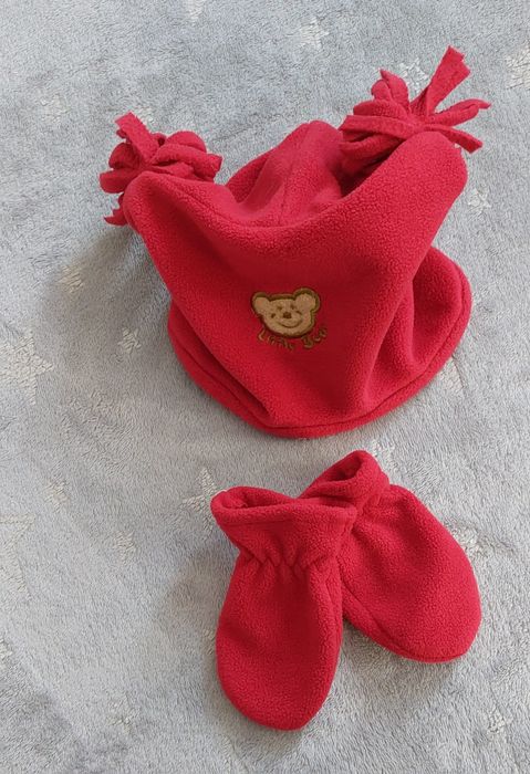 Czapka dziewczęca+rękawiczki 74 District polar czerwony 6-12m pompony