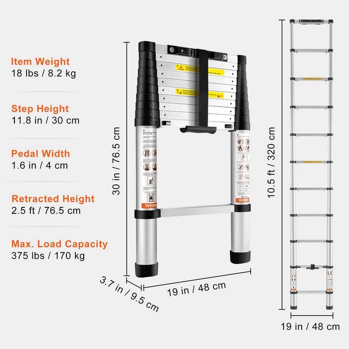 Escada telescópica VEVOR, escada extensível retrátil de alumínio de 3,2 m com um botão