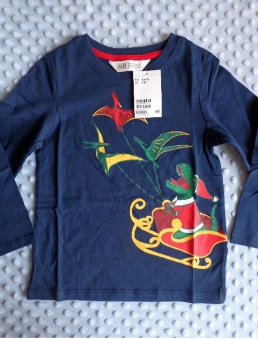 NOWA bluzka koszulka hm h&m 98 104 dinozaur dinozaury mikołaj święta
