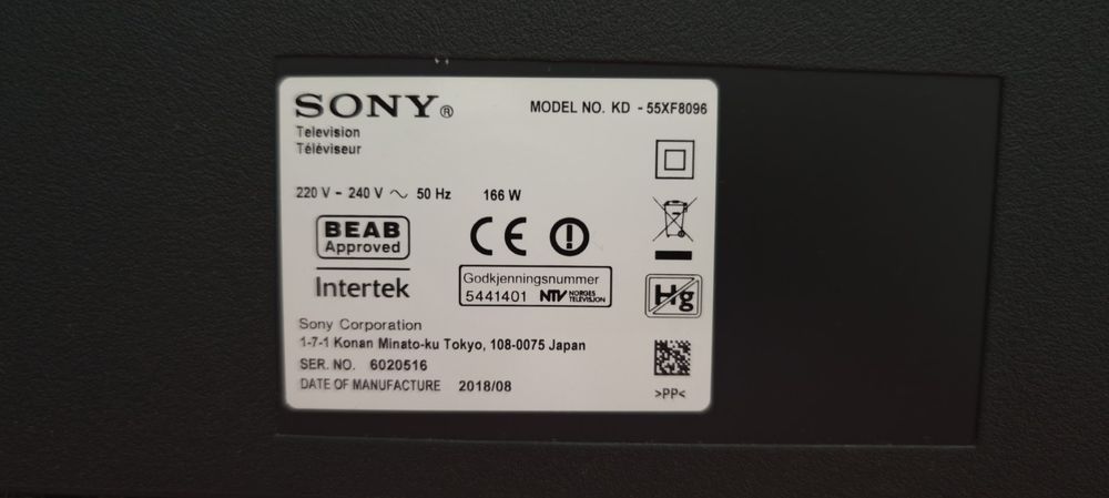 Sony Bravia KD-55XF8096 55" 4K – Para Reparação/Peças