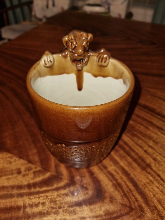 Vintage ceramiczny dzbanek kufel na piwo z diabłem uchwyt