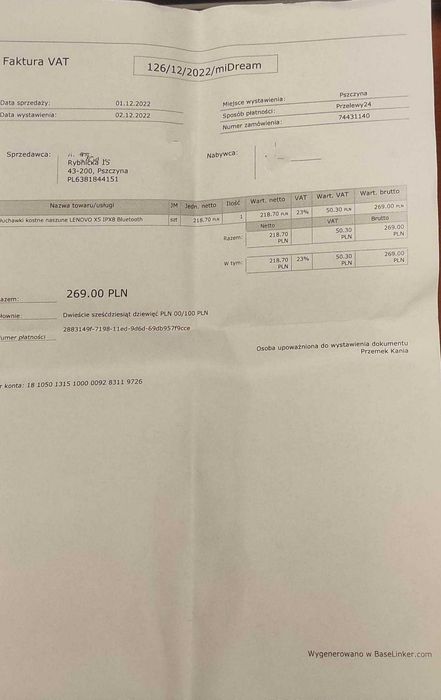 Słuchawki Lenovo X5 IPX8 Bluetooth