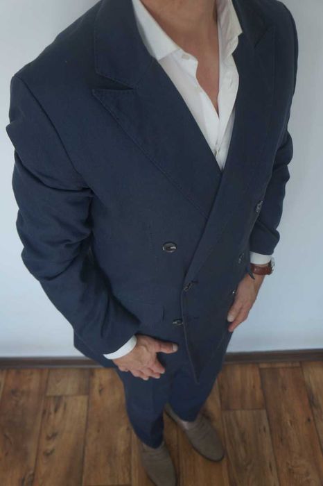 Reserved M Granatowy Garnitur Dwurzędowy Letni Len Bawełna Regular Fit Elegancki Styl