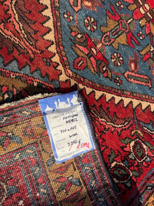 Antyczny vintage r.tkany chodnik dywan perski Heriz 340x105 gal 10 tyś