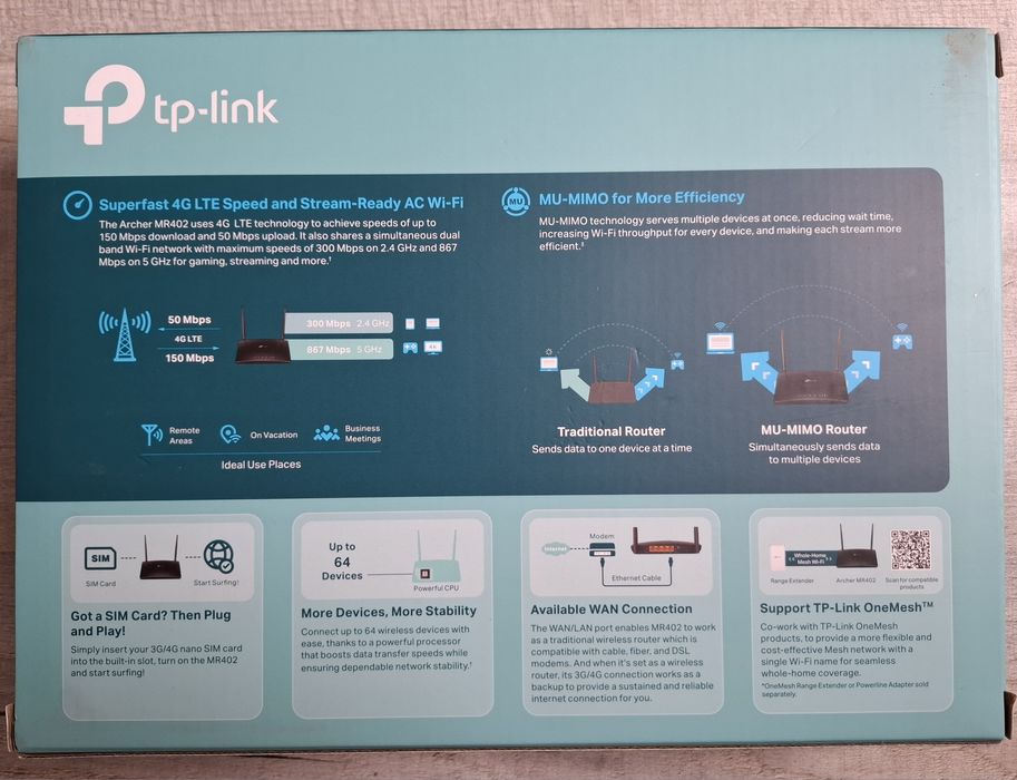 Router TP-LINK Archer MR402 2.4 / 5 GHz, Wi-Fi Mesh, Gniazdo SIM.