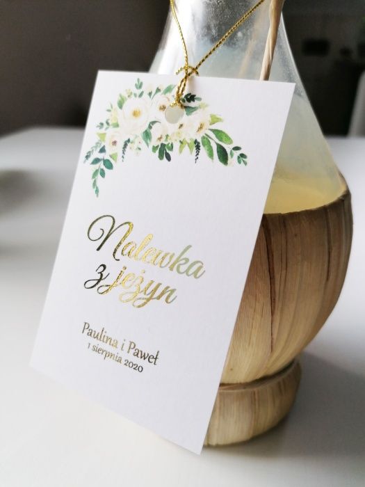 Zawieszki na alkohol ze złotymi napisami WHITE FLOWERS