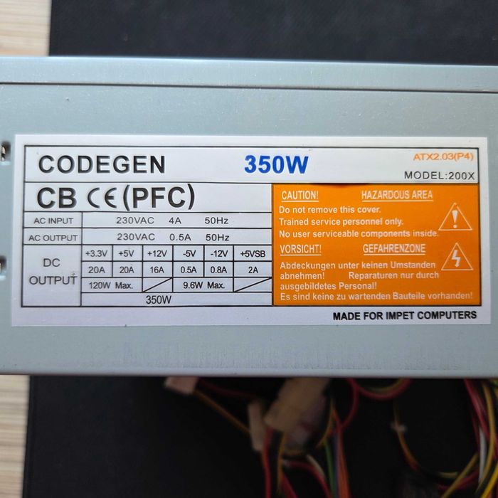 Zasilacz CODEGEN 350W;  Model: 200X ATX 2.03(P4). Darmowa dostawa