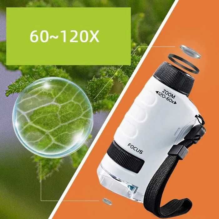 Microscópio de bolso pequeno portátil escola 60x a 120x LED novo