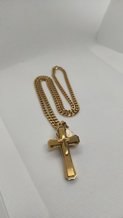 Nowy złoty łańcuszek z krzyżem Pancerka 5mm Stal chirurgiczna 316L