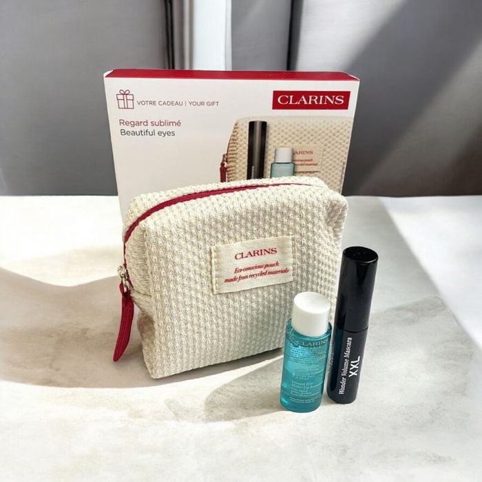 Набір Clarins туш для вій, засіб для зняття макіяжу, косметичка