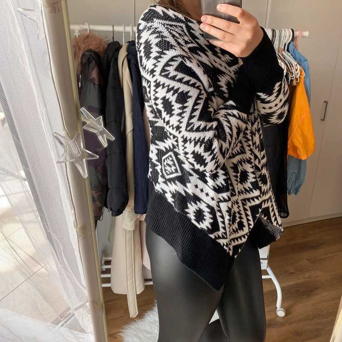 Sweterek narzuta czarny biały New Look rozmiar M kardigan boho