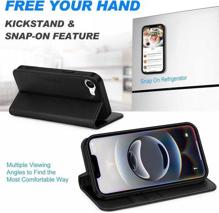 Shieldon naturalne etui skórzane iPhone 16e portfel klapką czarne 2w1