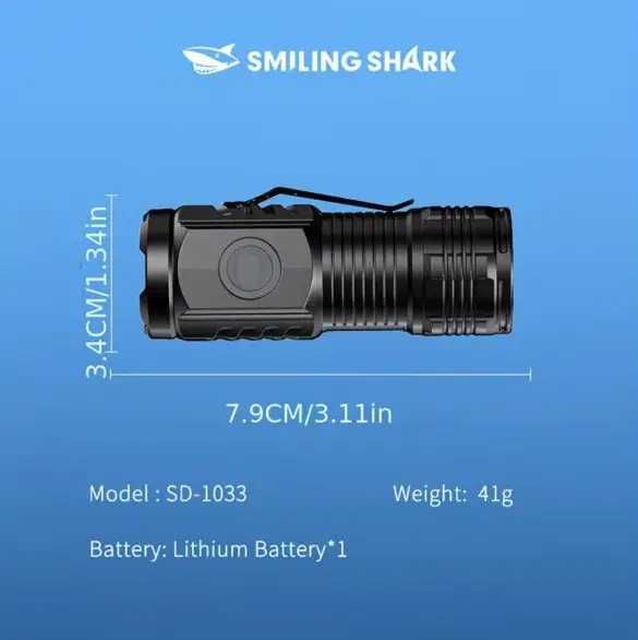 Мощный ручной фонарик Smiling Shark, 3 светодиода, LED аккумуляторный