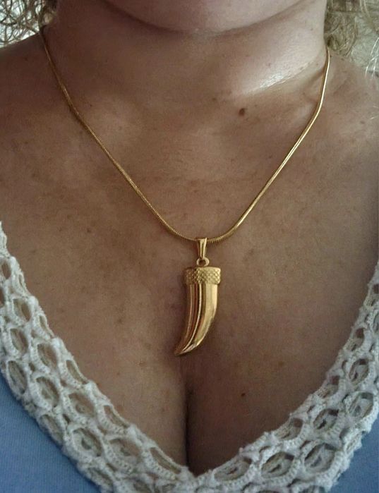 Colar dourado, em aço, com pingente em forma de corno.