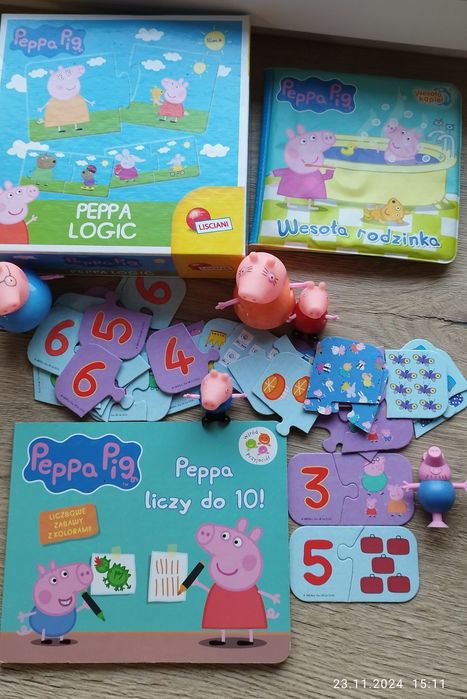 Książeczka Peppa liczy do 10 i figurki Peppa, ukladanka peppa logic