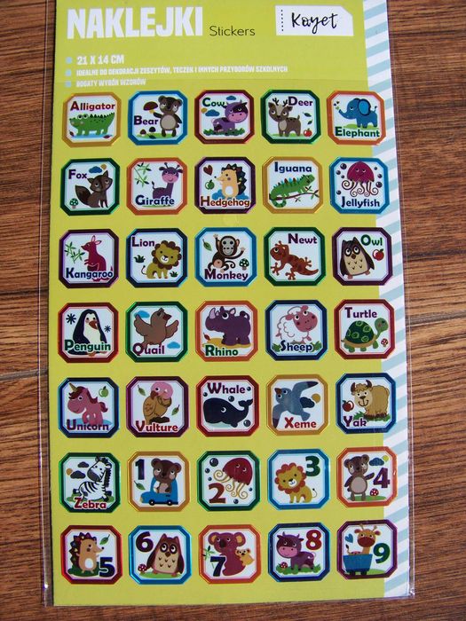 Naklejki KAYET zwierzęta i cyfry po angielsku 35 sztuk płaskie