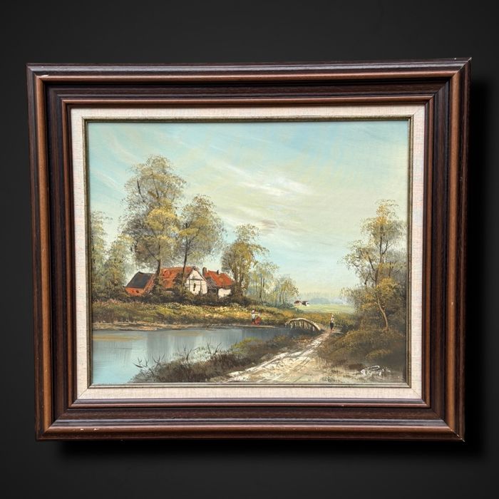 Pejzaż olejny na płótnie w drewnianej ramie b5/12052