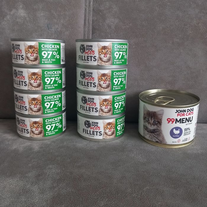 Sprzedam karmę firmy John Dog for cats , 8x70g, 1x200g.