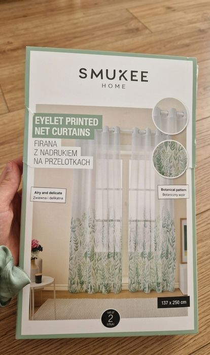 Nowe firany Smukke na przelotkach, botaniczny wzór, kpl. 2 szt. (137x250 cm)