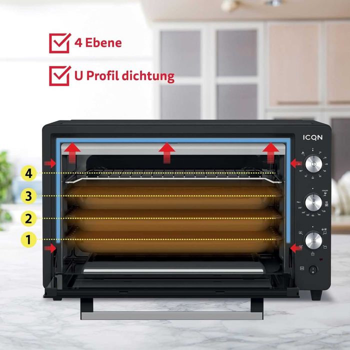ICQN Minibackofen 60 litrów XXL , 1800 W ,Umluft Pizza-Ofen