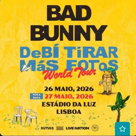 1 Bilhete Bad Bunny dia 26 maio FILA P LUGAR 17