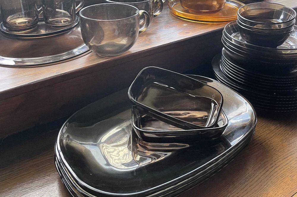 8 x Stare Szkło PRL miski miseczki salaterki kubki ciemny brąz Duralex