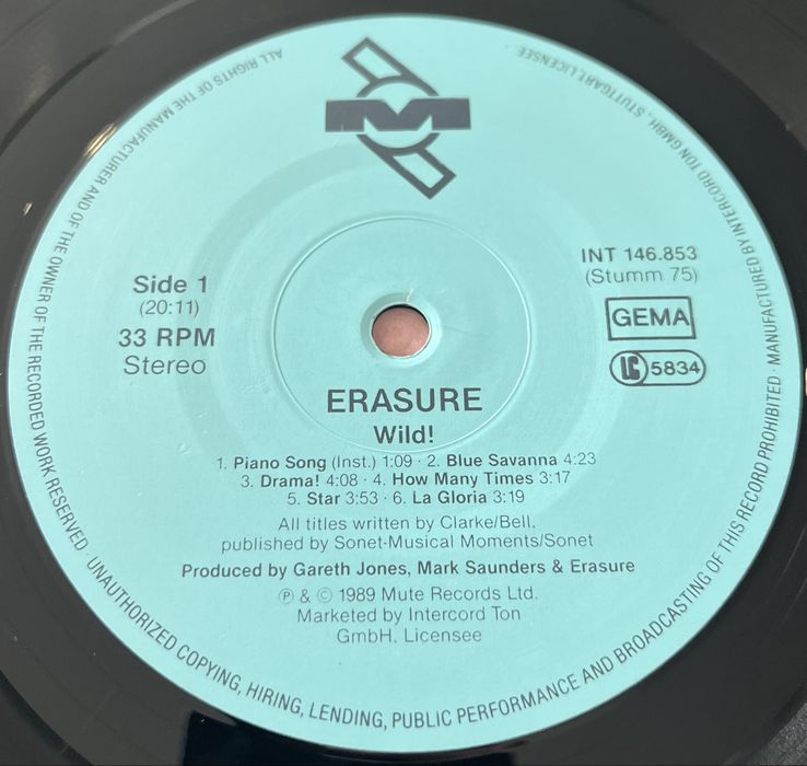 Erasure - Wild! (Winyl, EX, LP, Album, Germany, 1989)
