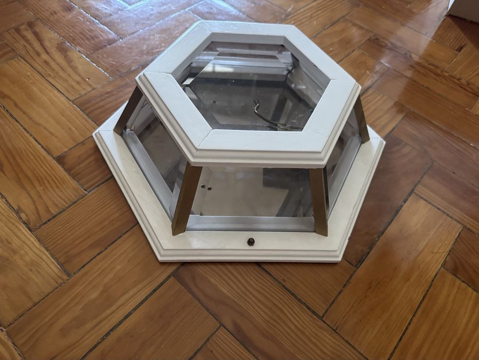 Vintage Hexagonal Ceiling Lamp in Wood and Glass