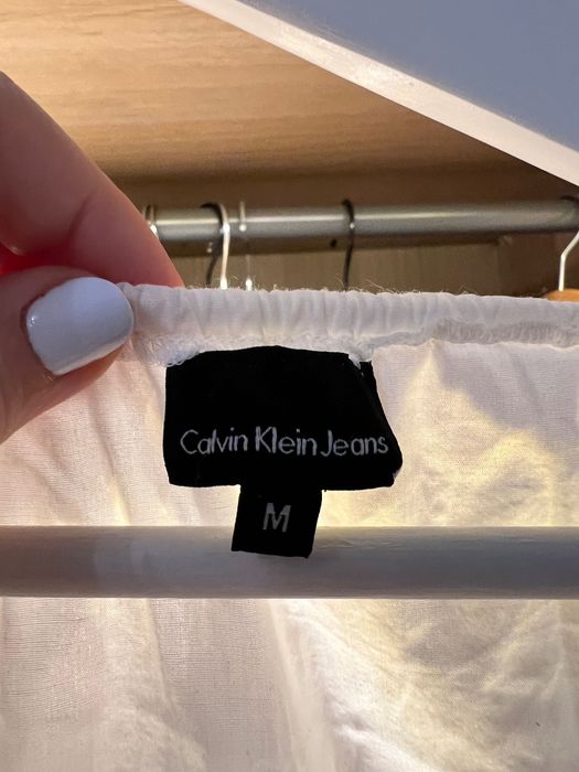 Calvin klein jeans bluzka top wiązana na dekolcie biała bawełna 38 M