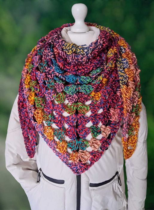 Przepiękna Multikolorowa Duża Chusta Szal na szydełku_Na Prezent