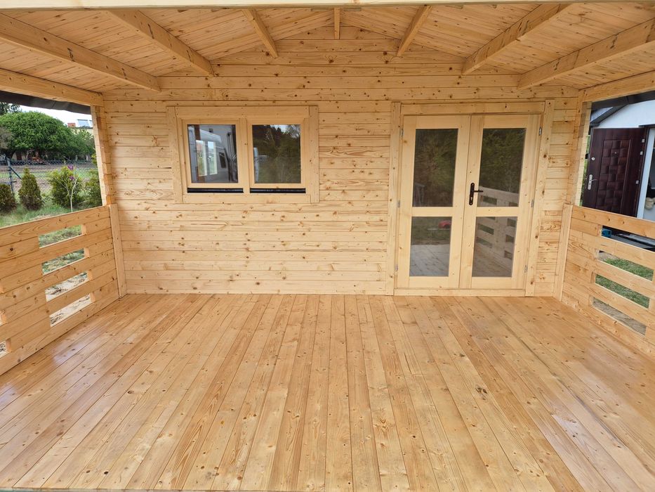 piękny MASYWNY domek drewniany + TARAS* 8m x 5m*40 m2*SCIANY aż 45 mm