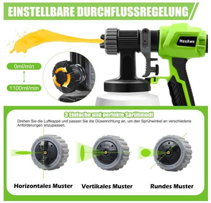 MaxAwe Elektryczny rozpylacz do farby, 800 W, 1100 ml/min, 4 dysze