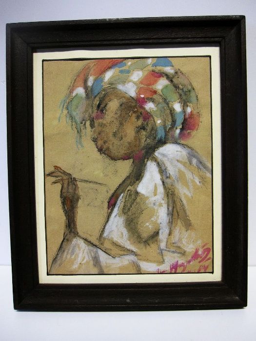 José Mergulhão - Aquarela - retrato de uma africana- assinado - 1964