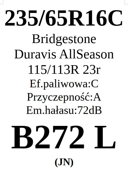 2x 235/65R16C Bridgestone Duravis AllSeason 115/113R C/A/72dB 3 lata g
